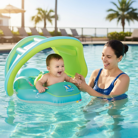 Baby Swim Ring With Built In Canopy For Infants Safe Comfortable Float Easy To Use Eco Friendly PVC by Wave & Hang