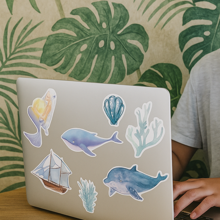 Yoksas Fifty Sticker Pack Ocean Blue Watercolor Marine Life Waterproof Vinyl Decals For Water Bottles And Laptops by Wave & Hang