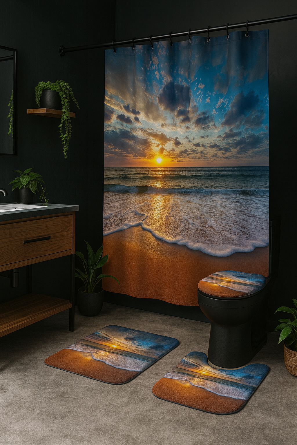 Sunset Beach Shower Curtain Set – Ocean Wave Bathroom Decor (4 Piezas)