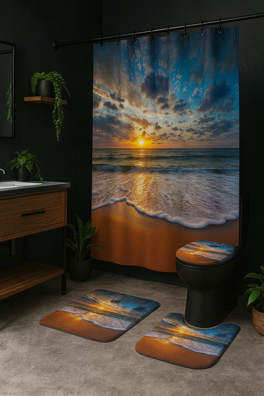 Sunset Beach Shower Curtain Set – Ocean Wave Bathroom Decor (4 Piezas)