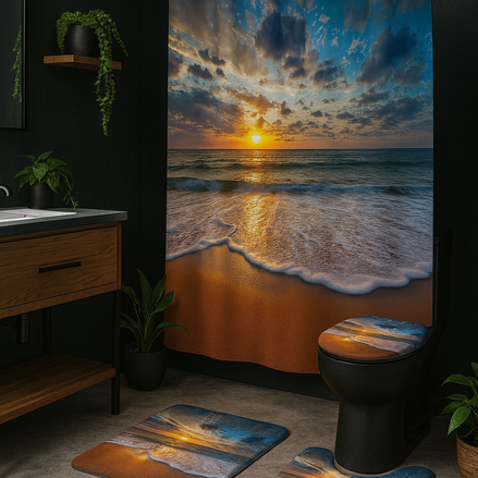4-piece Sunset Beach Shower Curtain Set – ocean wave bathroom decor with waterproof curtain, non-slip rugs, and toilet lid cover in coastal sunset design.