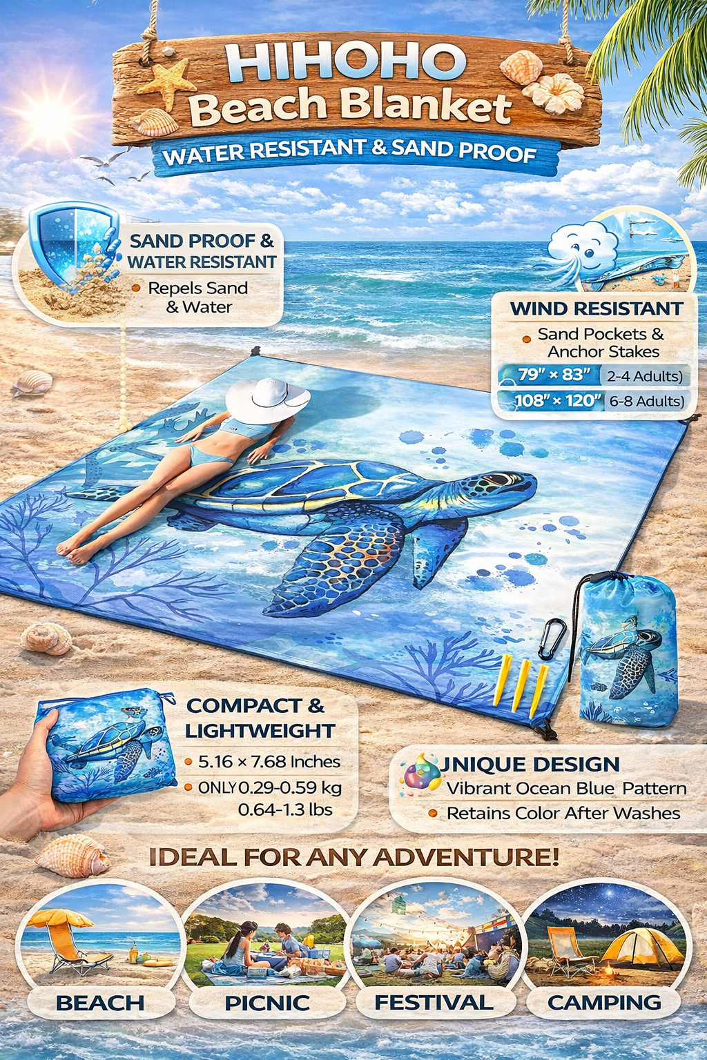 HIHOHO Beach Blanket - Sandproof & Water-Resistant for 4, Blue Print