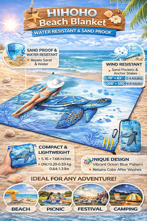 HIHOHO Beach Blanket - Sandproof & Water-Resistant for 4, Blue Print