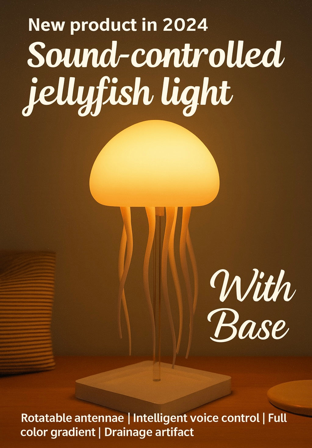 Sound-controlled jellyfish lamp with base – glowing amber LED ocean-inspired light featuring long tentacles and smart voice control.