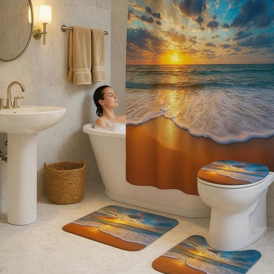 Sunset Beach Shower Curtain Set – 4-Piece Ocean Wave Bathroom Decor by Wave & Hang