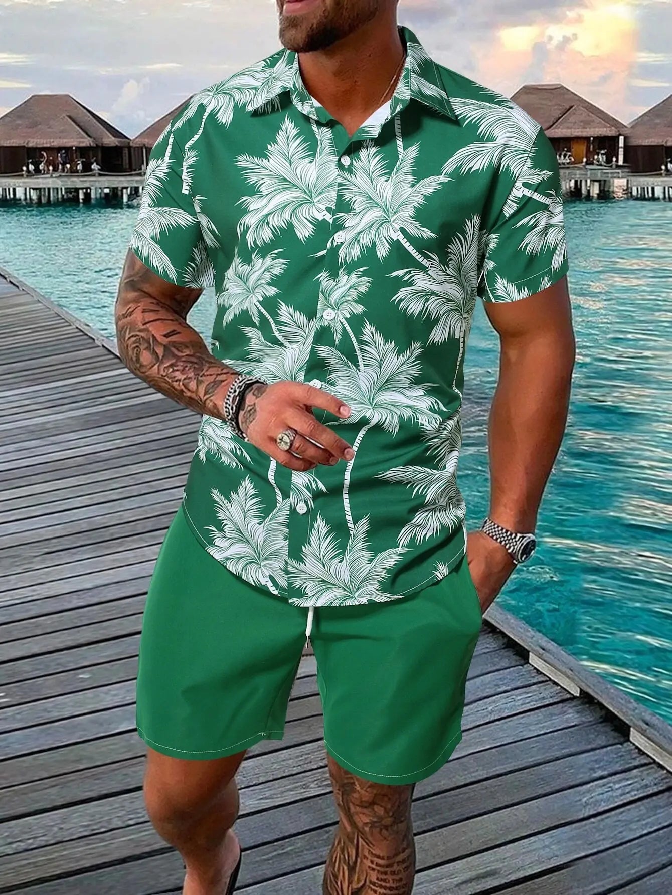 Men’s 3D Print Beach Outfit | Hawaiian Short Sleeve Shirt & Matching Shorts Set for Summer Vacation, Beach & Casual Wear