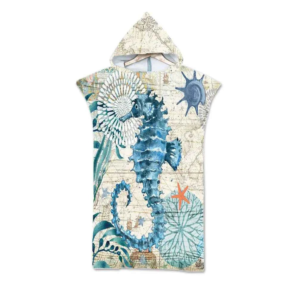 Ocean Print Hooded Beach Towels Family Pack – Soft, Absorbent & Quick-Dry Microfiber Poncho Towels for Kids & Adults