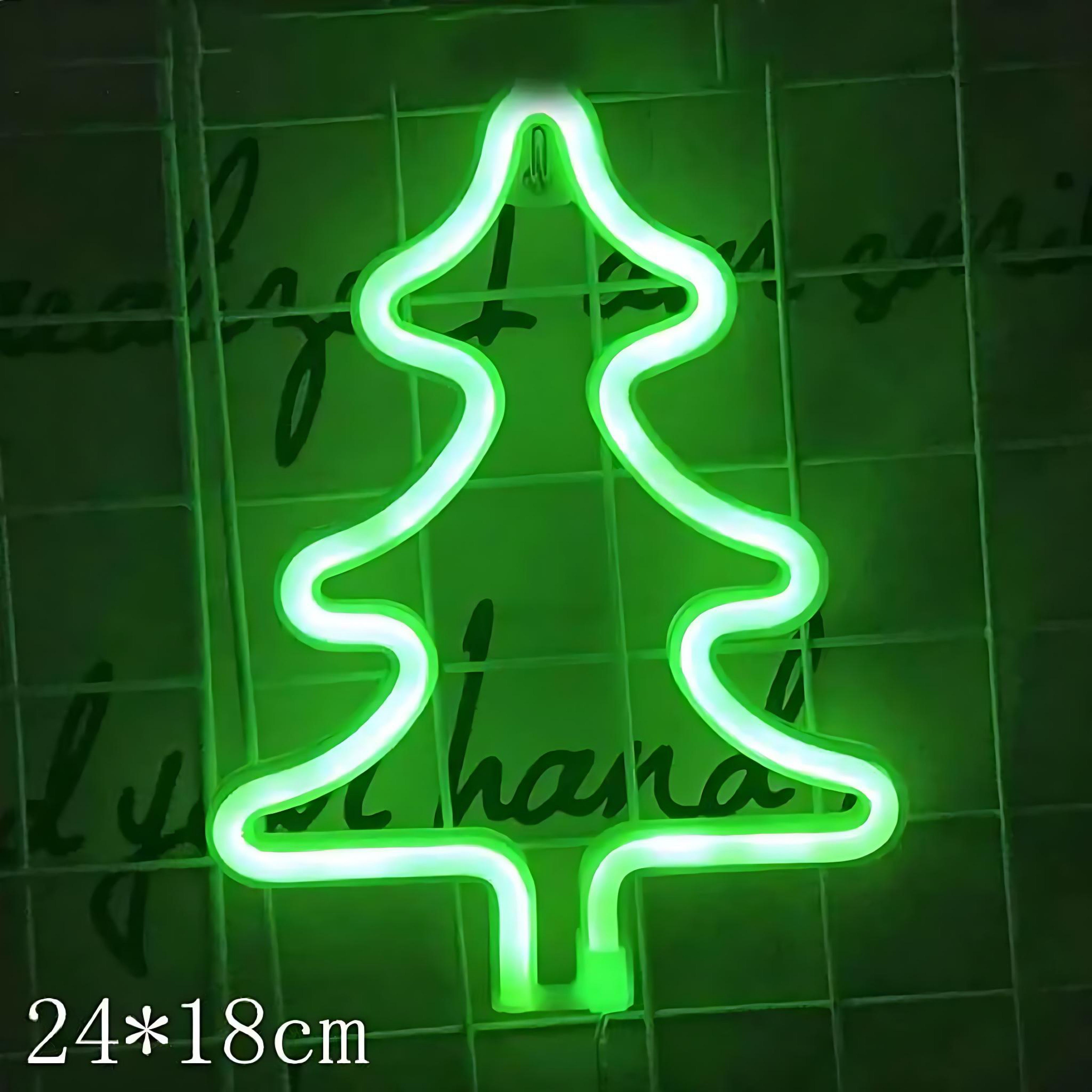 Green neon LED light shaped like a Christmas tree
