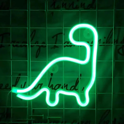Green neon LED light shaped like a dinosaur outline
