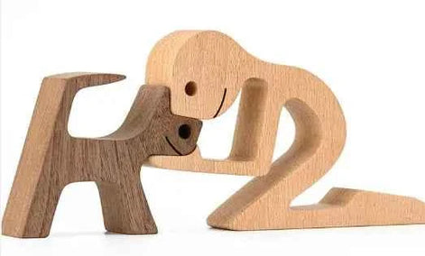 Wood Dog Sculpture – Handmade Wooden Figurine | Human & Dog Friendship Home Decor Gift for Pet Lovers