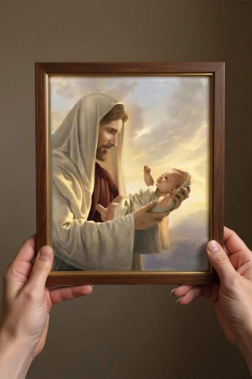 Person holding a framed diamond painting of Jesus cradling a baby, set against a warm, neutral background.