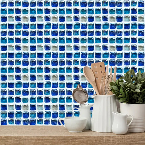 10 Ocean Blue Removable Mosaic Tile Stickers – Waterproof Decorative Wall Tiles for Kitchen, Bathroom, and Home Renovation (Set of 10)