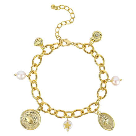 NEKOL Gold Ocean Charm Bracelet – 14K Gold Plated with Seashell & Pearl Charms