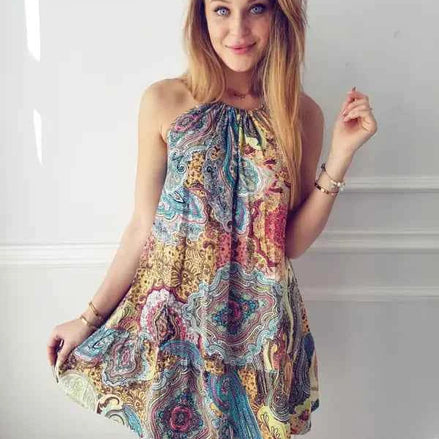 Bohemian Ocean Print Beach Dress – Summer Halter Sundress for Women
