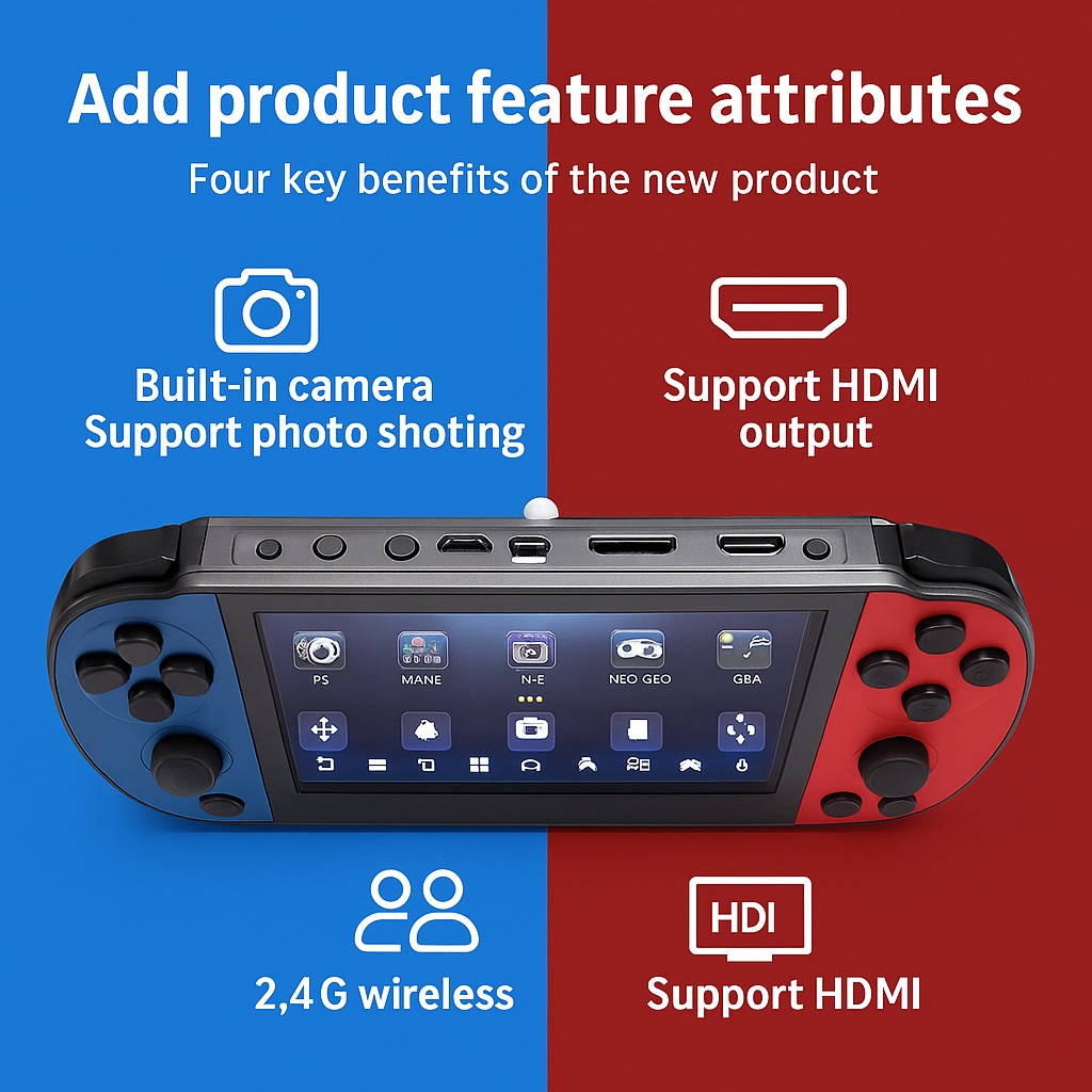 DREAMHAX X7 Plus Handheld Retro Game Console With 10,000 Games Dual Player HDMI 4.3 Inch Red Blue by Wave & Hang