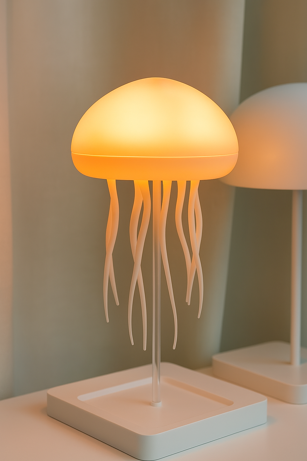 Voice-controlled jellyfish lamp glowing in warm yellow light on a modern base, minimalist ocean-inspired decor.