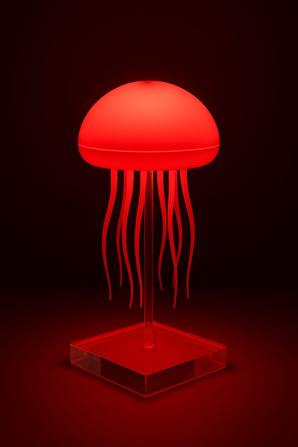 Voice-controlled jellyfish lamp glowing in vibrant red LED mode with hanging tentacle design on a modern base.