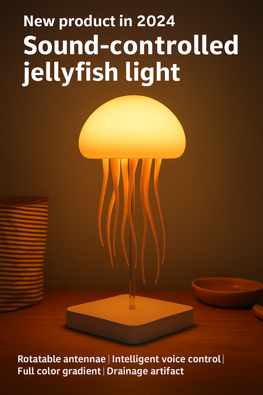 Voice-controlled jellyfish lamp glowing warm amber on a wooden desk – modern ocean-inspired LED light with flexible tentacles and square base.