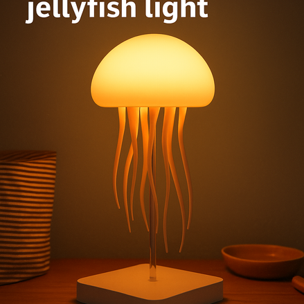 Voice-controlled jellyfish lamp glowing warm amber on a wooden desk – modern ocean-inspired LED light with flexible tentacles and square base.