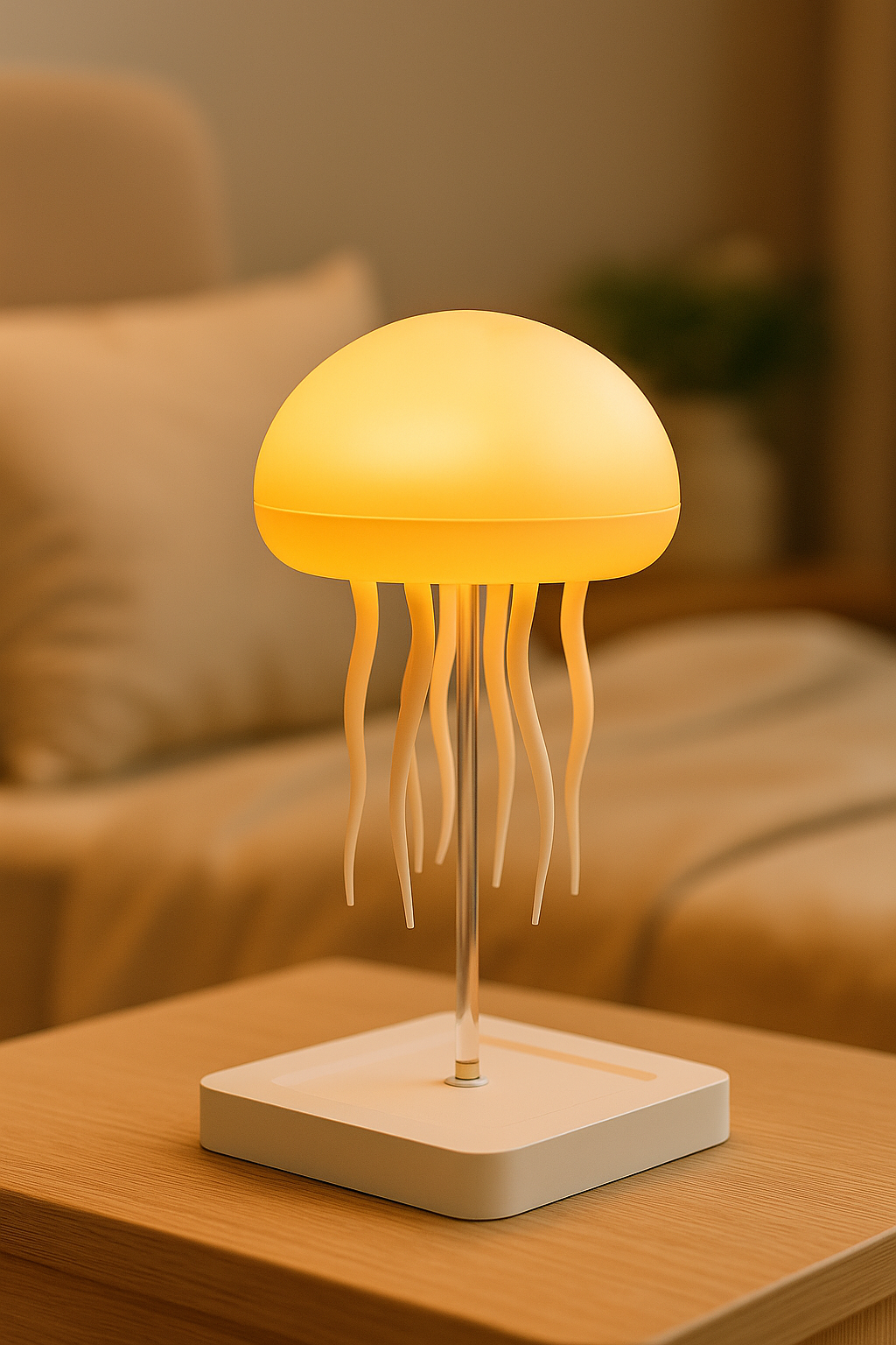 Jellyfish lamp glowing warm yellow on bedside table, modern ocean-inspired LED night light for bedroom decor.