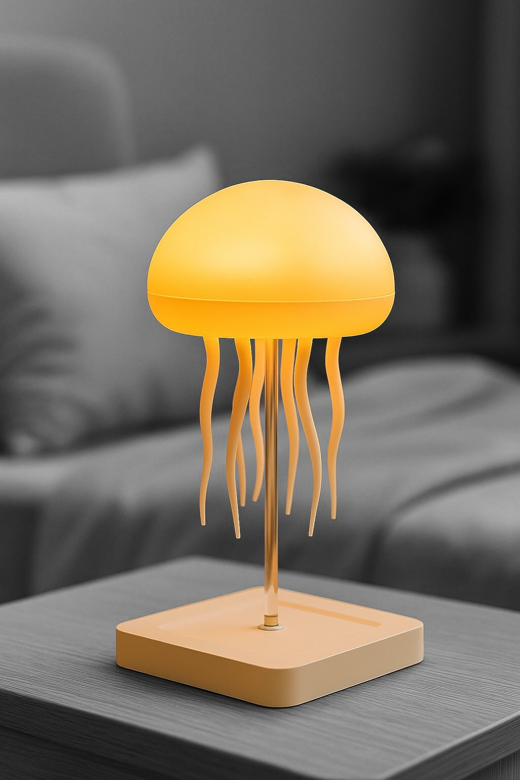Voice-controlled jellyfish lamp glowing warm yellow in black-and-white background, modern LED ocean-inspired bedside light.