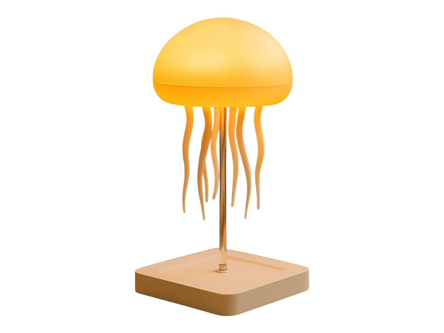 Minimalist jellyfish lamp with warm yellow glow and tentacle design on modern square base, ocean-inspired LED lighting.