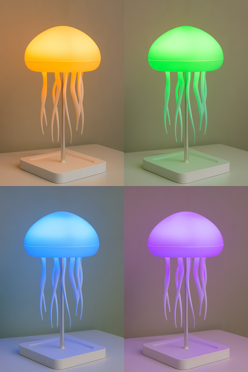 Voice-controlled jellyfish lamp with base – LED color changing light in orange, green, blue, and purple modes for ocean-inspired decor.