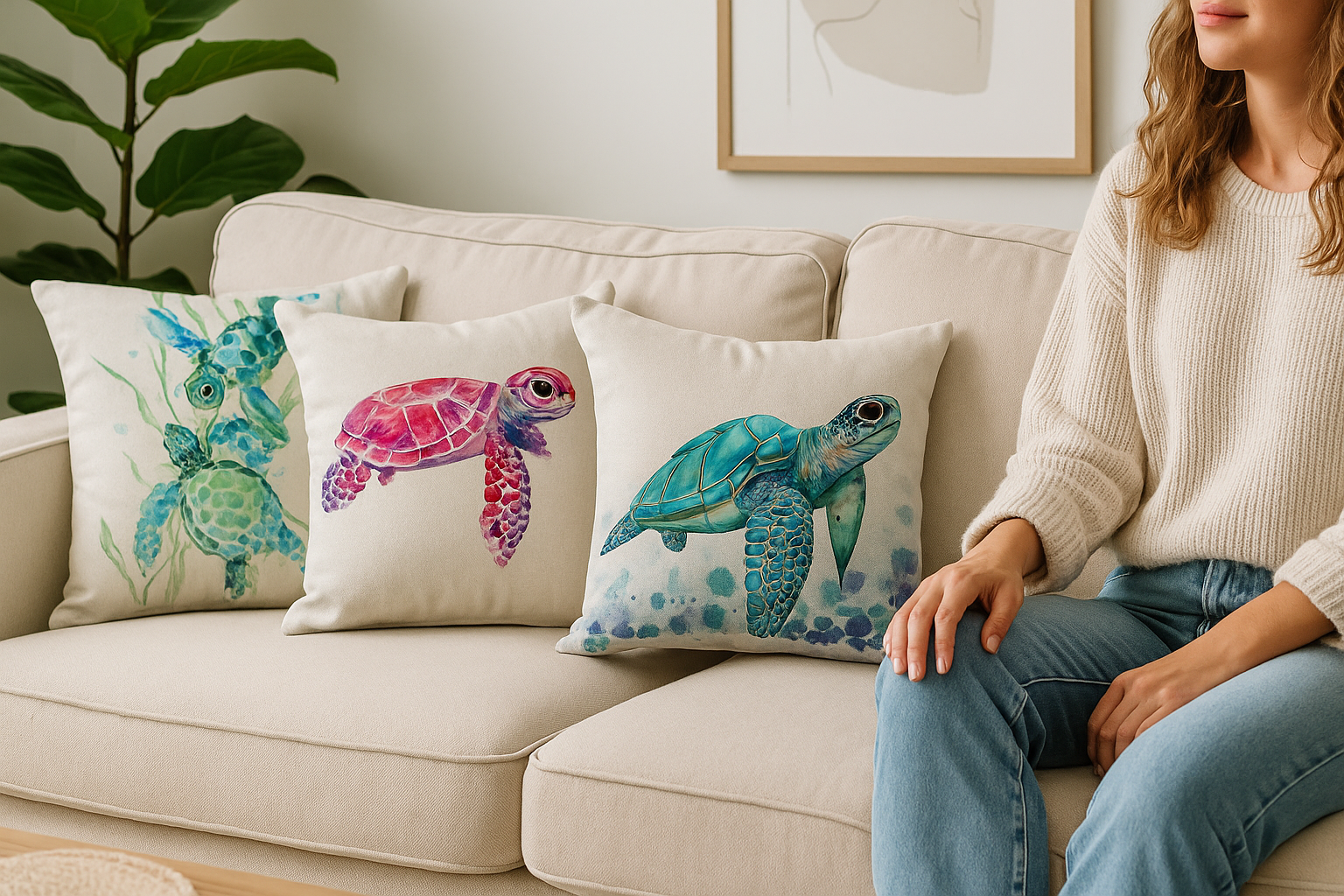 Ocean turtle cushion covers – decorative pillow cases with green, pink, and blue watercolor sea turtle designs on beige sofa, coastal home décor.