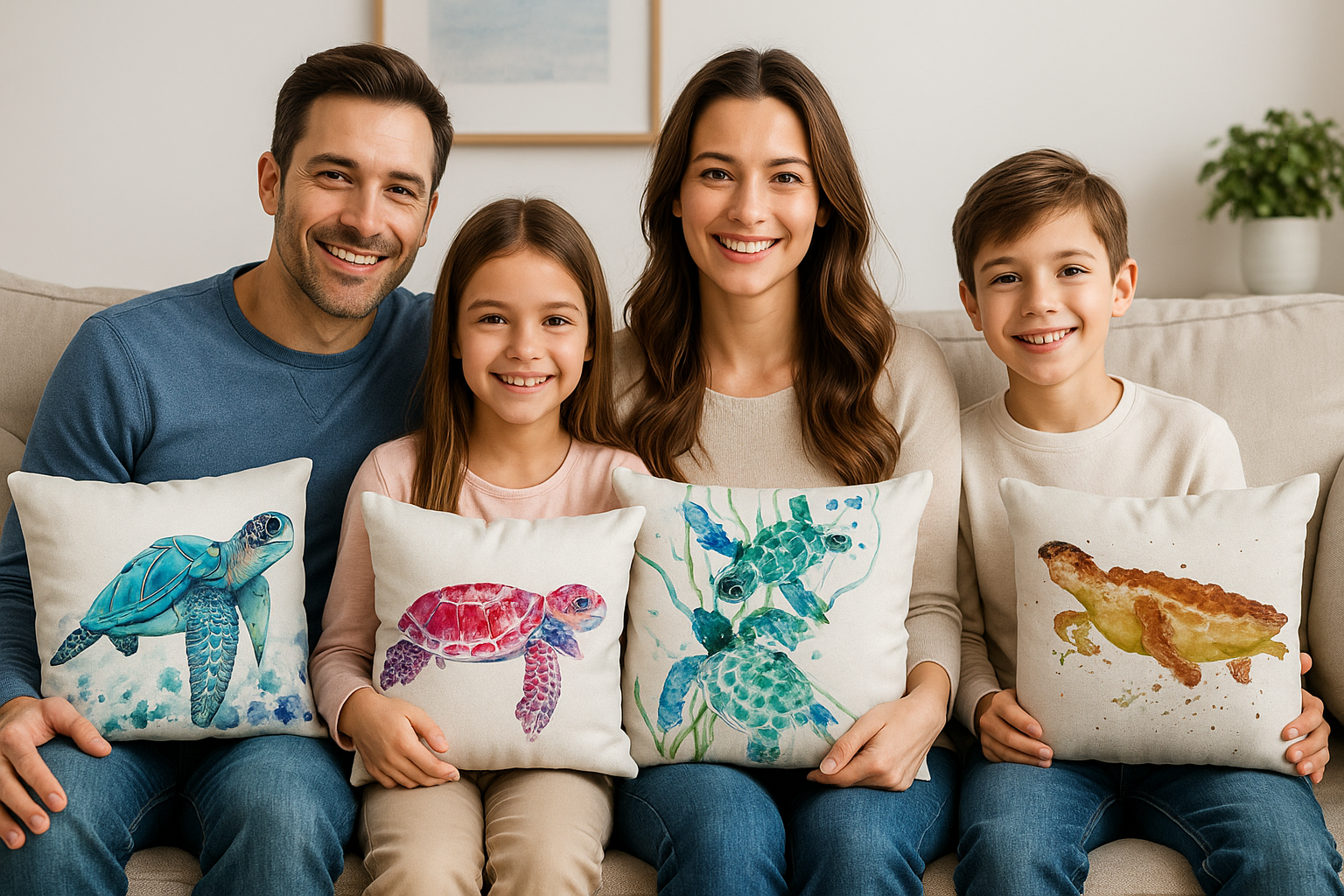Family of four sitting on sofa holding ocean turtle cushion covers – decorative pillow cases with blue, pink, green, and golden sea turtle designs.
