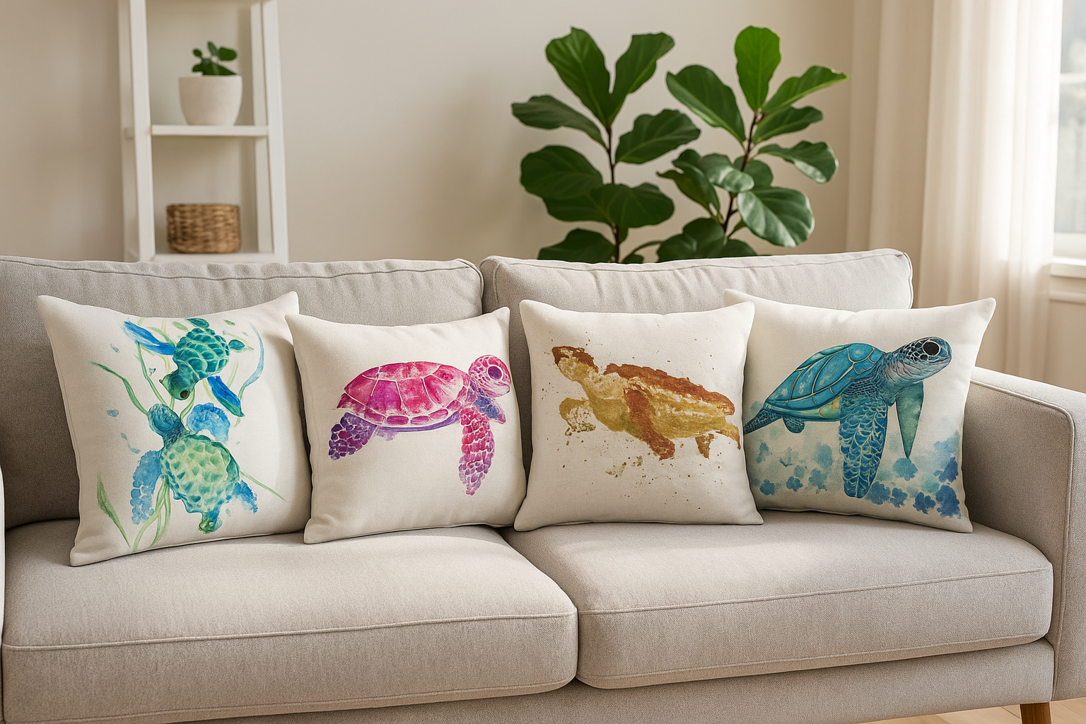 Set of 4 ocean turtle cushion covers – green, pink, golden, and blue turtle decorative pillow cases displayed on beige sofa in modern living room.
