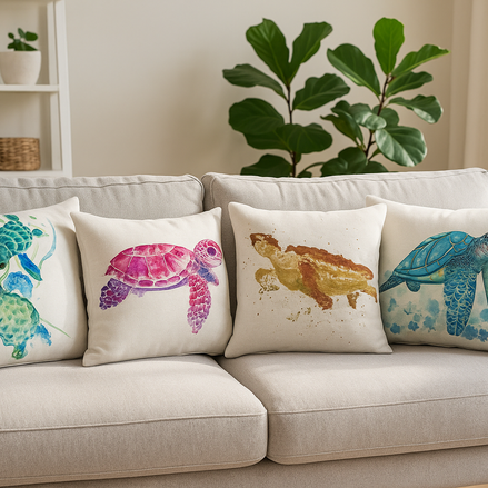 Set of 4 ocean turtle cushion covers – green, pink, golden, and blue turtle decorative pillow cases displayed on beige sofa in modern living room.
