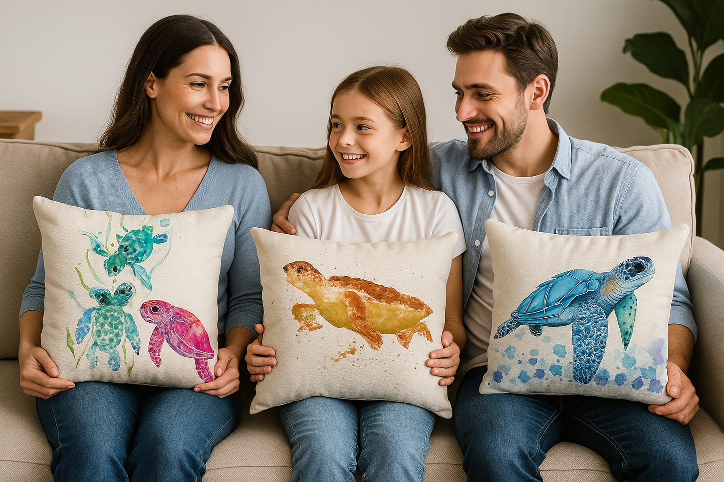 Family sitting on sofa holding ocean turtle cushion covers – decorative pillow cases with green, pink, golden, and blue sea turtle designs, coastal home décor.
