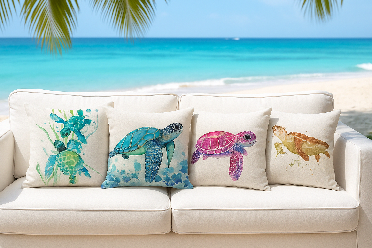Set of 4 ocean turtle cushion covers – decorative pillow cases with green, blue, pink, and golden turtle prints on white sofa by the beach.
