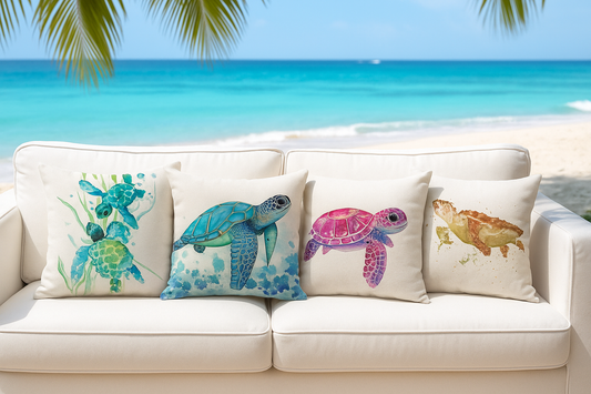 Set of 4 ocean turtle cushion covers – decorative pillow cases with green, blue, pink, and golden turtle prints on white sofa by the beach.
