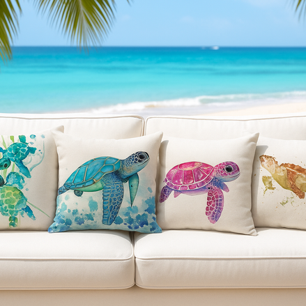 Set of 4 ocean turtle cushion covers – decorative pillow cases with green, blue, pink, and golden turtle prints on white sofa by the beach.

