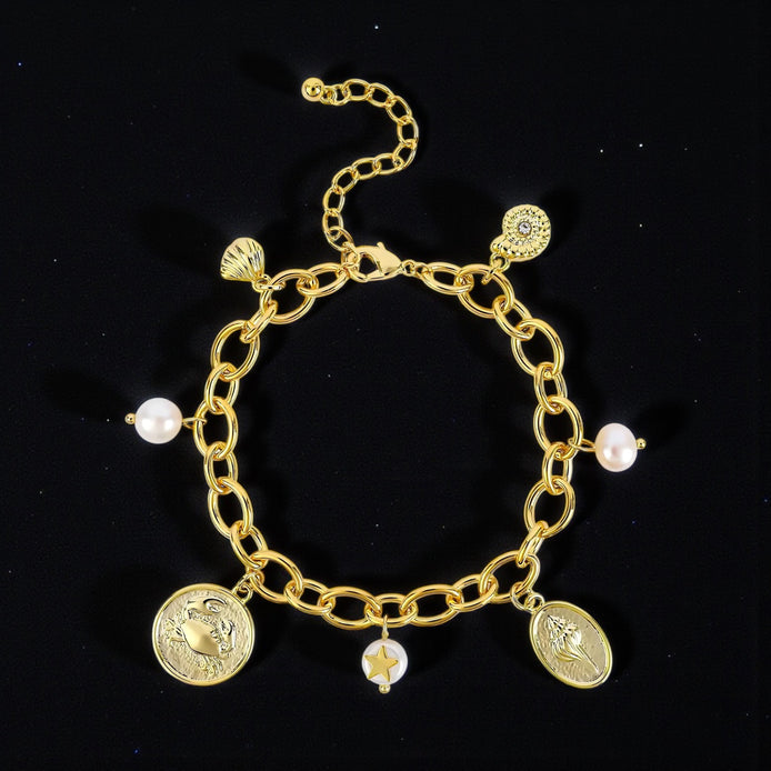 NEKOL Gold Ocean Charm Bracelet – 14K Gold Plated with Seashell & Pearl Charms by Wave & Hang