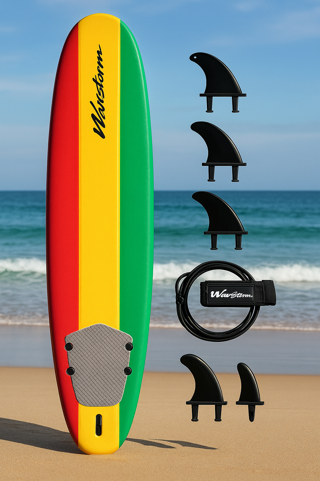 Wavestorm 8ft Soft Top Surfboard Rasta Edition Complete Package by Wave & Hang