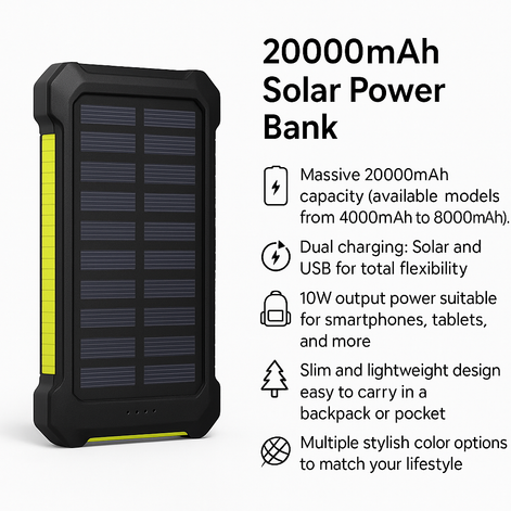 20000mAh Solar Power Bank – Slim, Portable Charger for Adventurers by Wave & Hang