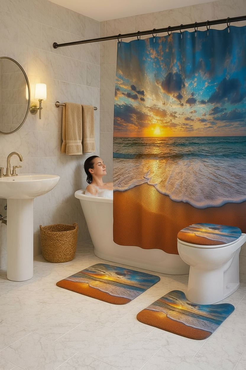 Sunset Beach Shower Curtain Set – 4-Piece Ocean Wave Bathroom Decor by Wave & Hang