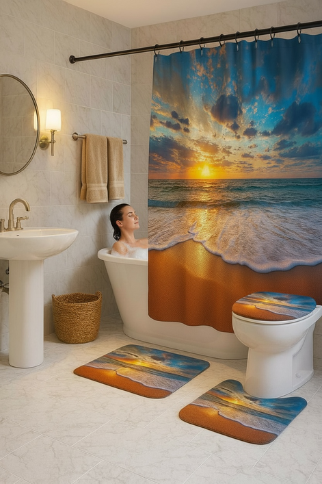 Sunset Beach Shower Curtain Set – 4-Piece Ocean Wave Bathroom Decor by Wave & Hang