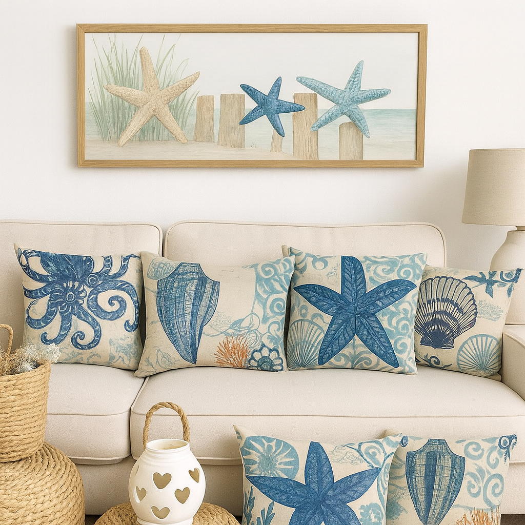 Ocean Theme Cotton Linen Cushion Cover 18x18 Coastal Sea Life Print With Starfish Shell Jellyfish Octopus by Wave & Hang