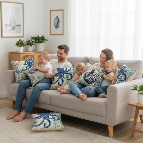 Ocean Theme Cotton Linen Cushion Cover 18x18 Coastal Sea Life Print With Starfish Shell Jellyfish Octopus by Wave & Hang