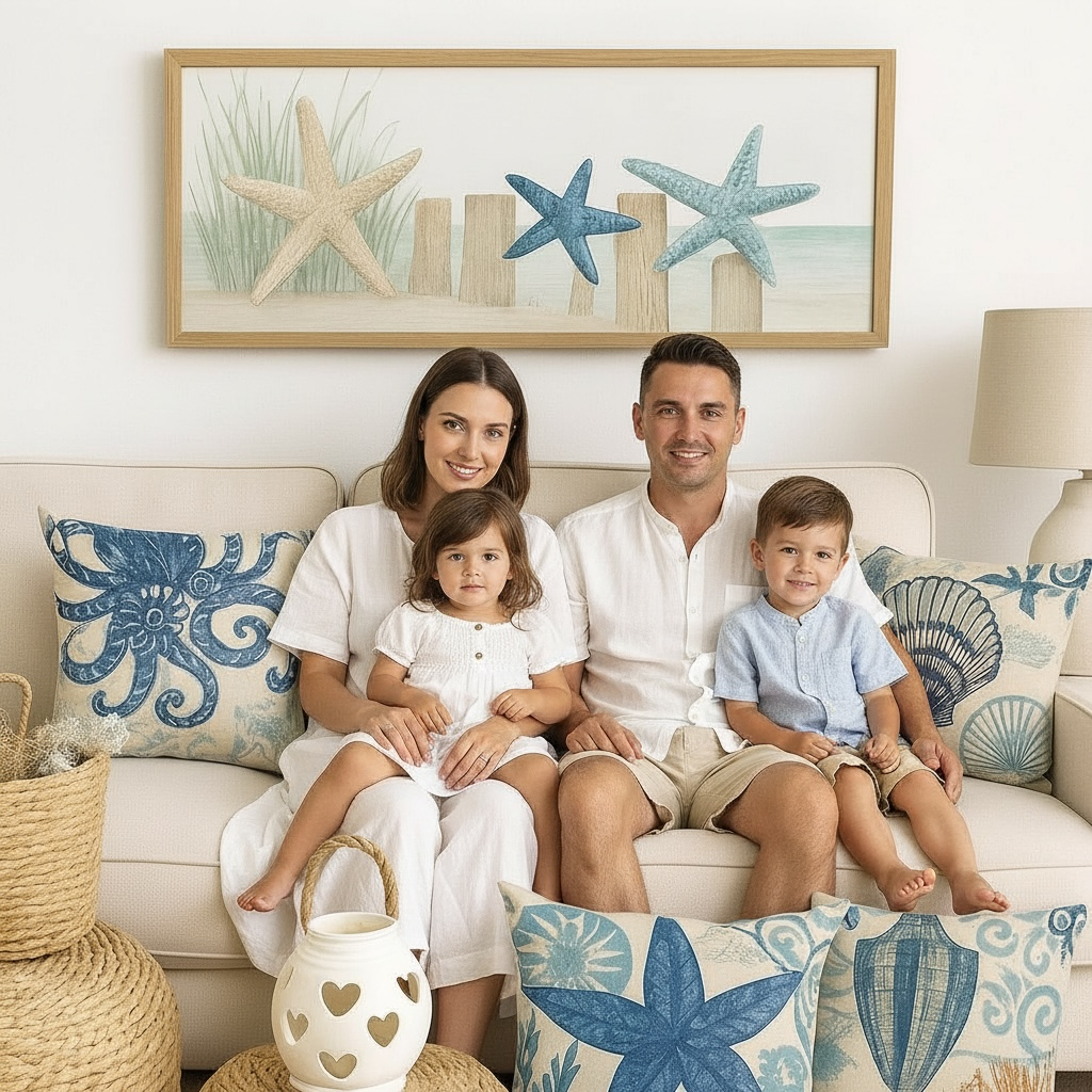 Ocean Theme Cotton Linen Cushion Cover 18x18 Coastal Sea Life Print With Starfish Shell Jellyfish Octopus by Wave & Hang