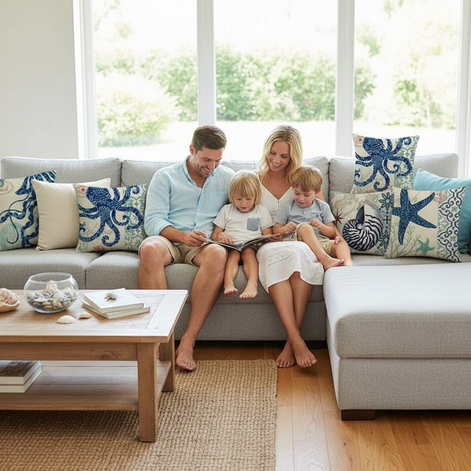 Ocean Theme Cotton Linen Cushion Cover 18x18 Coastal Sea Life Print With Starfish Shell Jellyfish Octopus by Wave & Hang