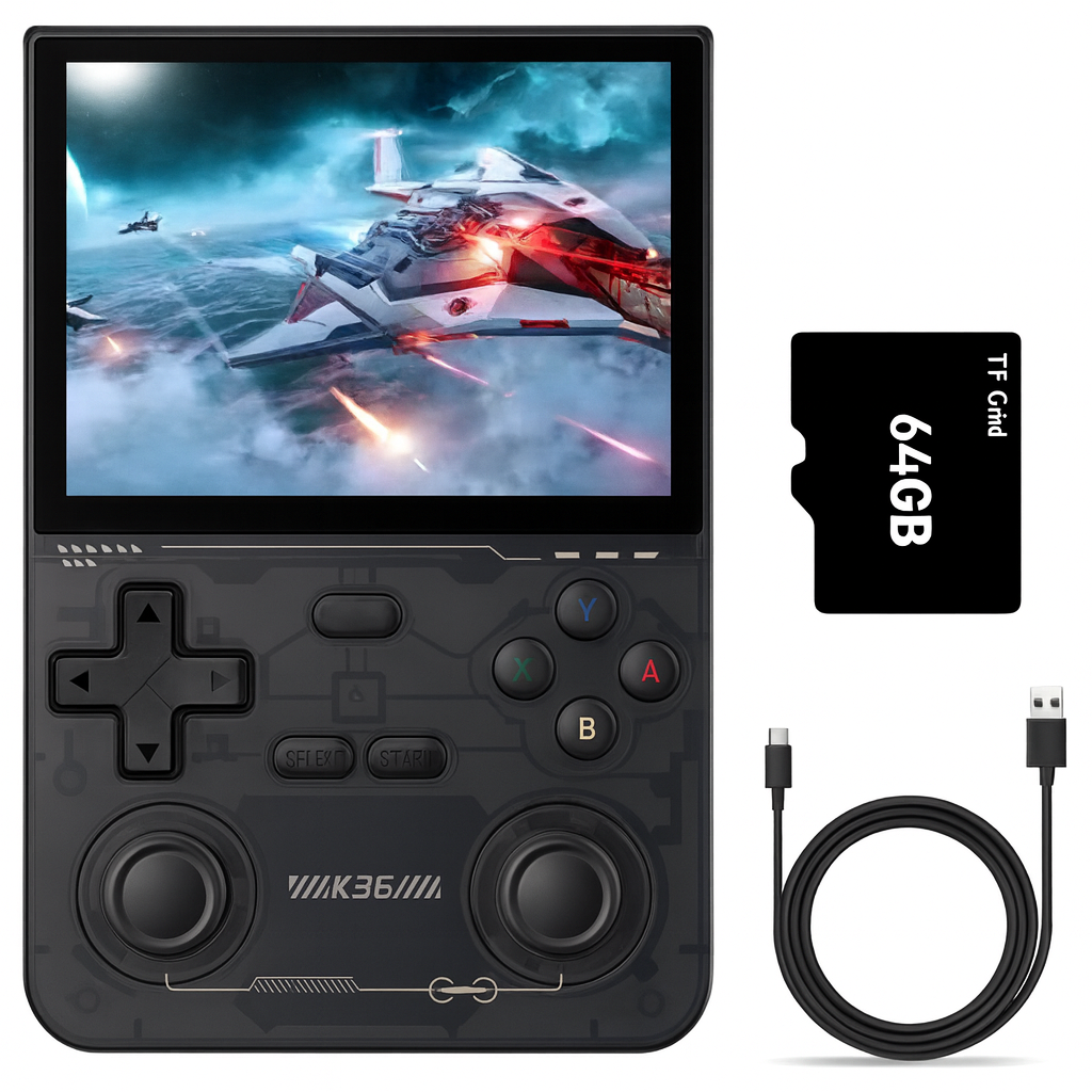 K36 Retro Handheld Game Console – 3.5” IPS Display, 64GB, 3200mAh, Type-C | Portable Classic Gaming (Black/White/Purple) by Wave & Hang