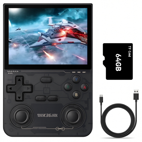 K36 Retro Handheld Game Console – 3.5” IPS Display, 64GB, 3200mAh, Type-C | Portable Classic Gaming (Black/White/Purple) by Wave & Hang