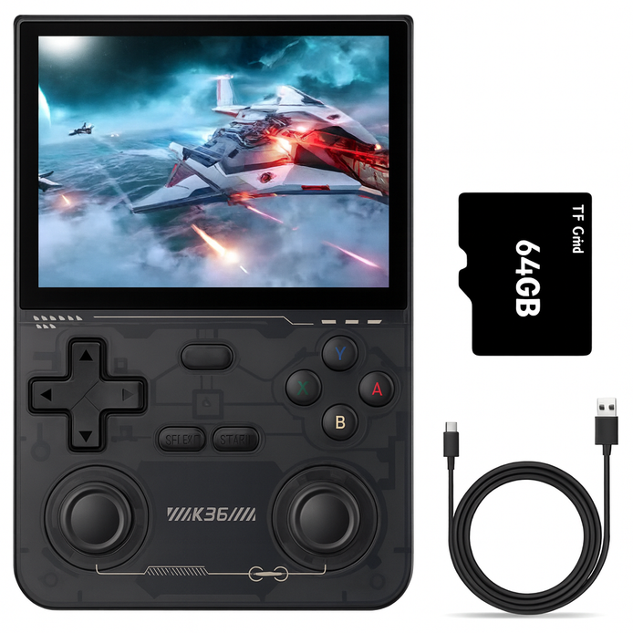 K36 Retro Handheld Game Console – 3.5” IPS Display, 64GB, 3200mAh, Type-C | Portable Classic Gaming (Black/White/Purple) by Wave & Hang
