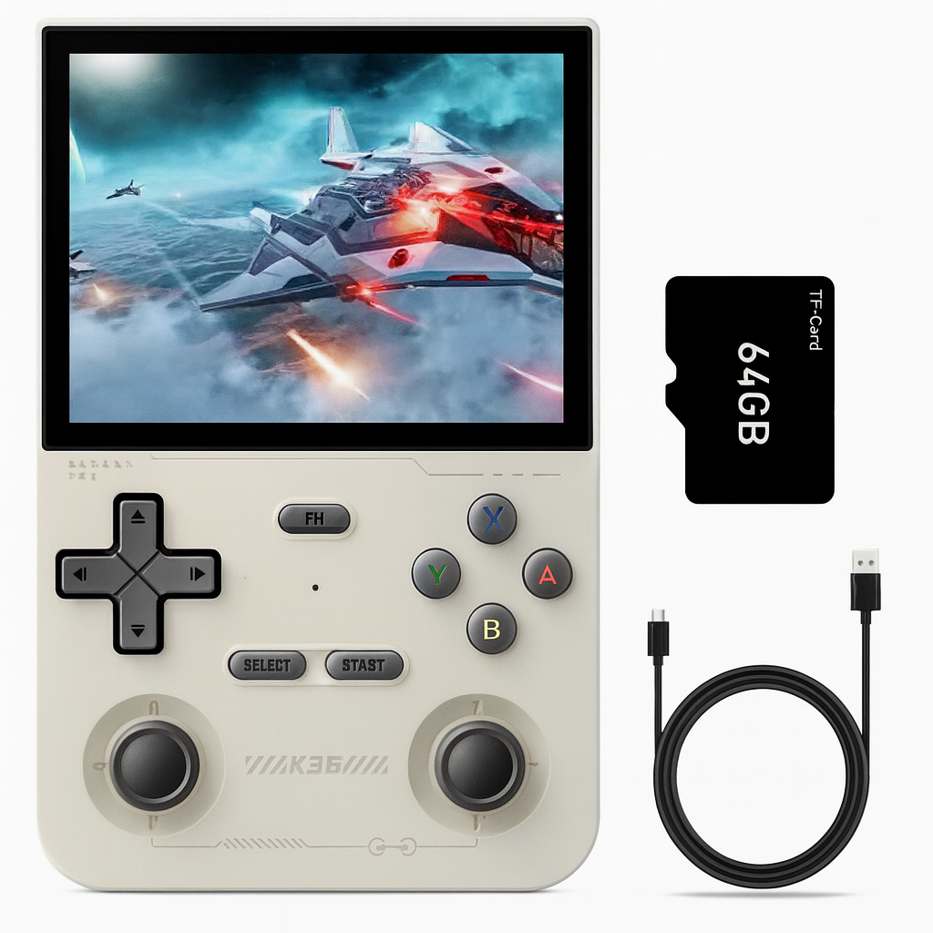 K36 Retro Handheld Game Console – 3.5” IPS Display, 64GB, 3200mAh, Type-C | Portable Classic Gaming (Black/White/Purple) by Wave & Hang