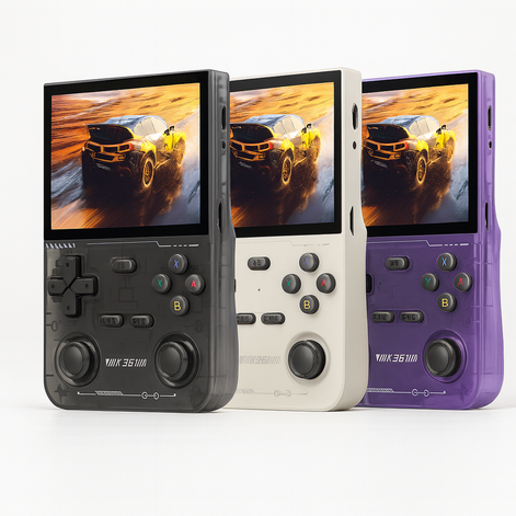 K36 Retro Handheld Game Console – 3.5” IPS Display, 64GB, 3200mAh, Type-C | Portable Classic Gaming (Black/White/Purple) by Wave & Hang