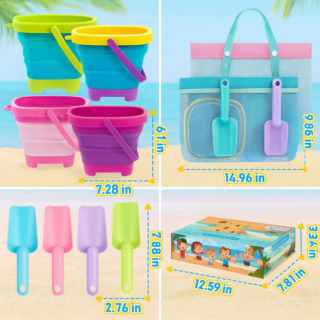 Collapsible Beach Bucket & Shovel Set with Mesh Bag – Foldable Sand Toys for Kids, Toddlers & Travel (4 Buckets)